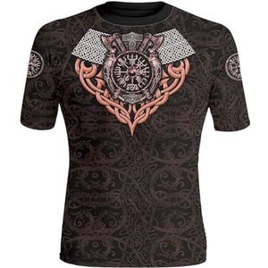 Vintage Viking Battle Axe T-shirt – Noordse 3D Thor's Hammer Tattoo Print Heren Casual Harajuku Ronde Hals Korte Mouw – Pagan Summer Beach Party Sneldrogende Top (Color : Viking 1, Size : L)