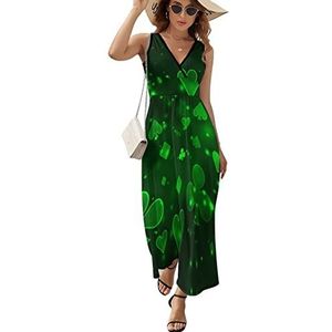 Groene rastersymbolen speelkaarten dames maxi lange jurk V-hals mouwloze tank zonnejurk zomer