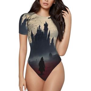 ELSMZXZD Bodysuit met korte mouwen voor dames - somber en heks bedrukt ronde hals bodysuit, rekbaar T-shirt, top, casual slim fit turnpakje, 3 D, S
