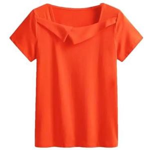 Vrouwen Zomer Korte Mouw Vierkante Kraag T-shirt Tops Vrouwelijke Casual Basic Effen Katoenen Shirts, Oranje, XS