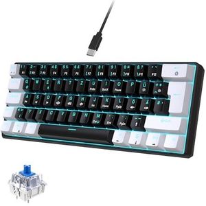 ELLOTECH 60% mechanisch gamingtoetsenbord QWERTZ (Duitse lay-out), 62-toetsen mechanisch, bedraad, anti-ghosting, blauwe led-achtergrondverlichting, ultracompact, blauwe schakelaar, zwart-wit