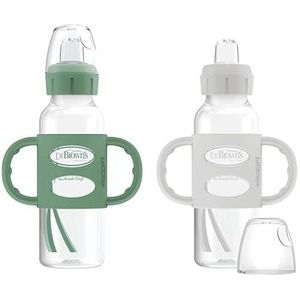 Dr. Brown's Milestones Smalle overgangsfles met siliconen handgrepen 8 oz 250 ml 6m+ groen en grijs 2-pack