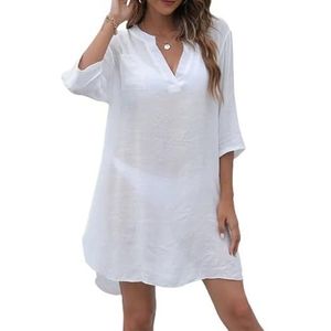Cover Ups Voor Vrouwen Strandkleding Vrouwen Badpak Cover Up Jurk V-hals Effen Kleur Zomer Badpak Cover Up Strand Shirt Jurk Badpak Cover Ups Voor Vrouwen (01 Wit, XXL)