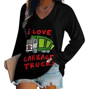 I Love Trash Garbage Trucks Casual T-shirts met lange mouwen voor dames, V-hals bedrukte grafische blouses T-tops M