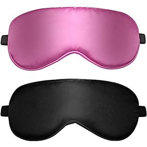 2 Stuks Slaapmasker voor Mannen en Vrouwen, Verduisterende Oogmasker Slaap met Verstelbare Elastische Riem Zijden Slaapoogmaskers voor Vliegtuig Reizen Dutje (Zwart, Roze)