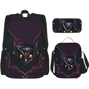 AthuAh Black Ghost Bat Rugzak & Meisjes Jongens Rugzak met Lunch Tas en Etui 3-delige Set voor Wandelen, School, Uitje, Zwart, Eén maat