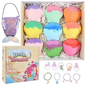 Mapille 9 stuks badbommen voor kinderen met verrassing aan de binnenkant, badbruisballen met zeemeermin-armbanden, sieradentas, verjaardagsbadbommen, cadeauset voor meisjes en peuters van 3 tot 12