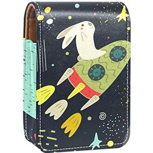 konijn op ruimtevaartuig Draagbare Lipstick Case voor reizen, Mini Lipstick Opbergdoos met spiegel voor vrouwen dames, Lederen cosmetische etui, Meerkleurig, 9.5x2x7 cm/3.7x0.8x2.7 in