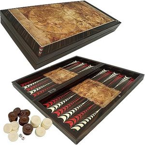 PrimoLiving Deluxe Globe XL Houten backgammon speelset, 41 x 41,5 cm, gezelschapsspel, praktisch reisspel met koffer, hoogwaardig bordspel voor jong en oud