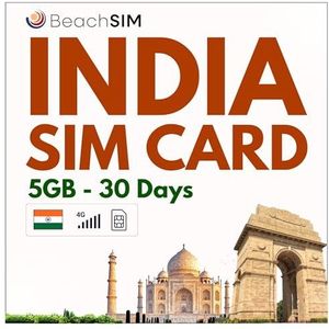 BeachSIM India simkaart. 5 GB data met 4G/5G-snelheden. Prepaid data alleen SIM. Snelle activering. Eenvoudig opladen. Werkt op iOS- en Android-apparaten. Geldig voor 30 dagen.
