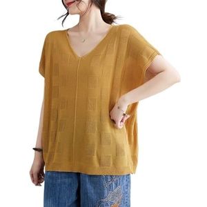 2024 Zomer Vrouwen Ijs Zijde Korte Mouwen Gebreide Tops Klassieke V-hals Losse Casual Shirts Zomer Cool Comfort Blouse(Color:Yellow)