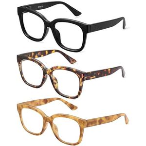 JM Oversized vierkante leesbril, computerlezer met blauwlichtblokkering, voor dames en heren, 3 stuks, #2 Set van 3 gemengde kleuren, Large