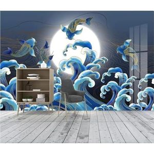 Blauw Golven Visjes Maan Gouden Draad 3D Behang Huis Kantoor Home Eetkamer Bank Slaapkamer Woonkamer TV Achtergrond Muur-300cm×210cm