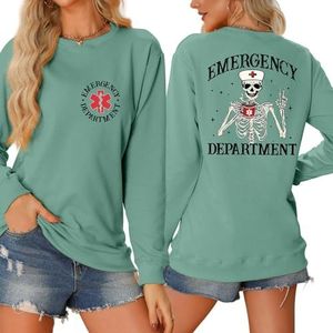 MLZHAN Spoedeisende Afdeling In Front Print Vrouwen Halloween Sweatshirts Grappige Skelet Verpleegster Hoed Cup De Terug Print Shirt, Lichtgroen, S