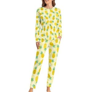 Pineapple Splash Zachte damespyjama met lange mouwen, warme pasvorm, loungewear sets met zakken, 4XL