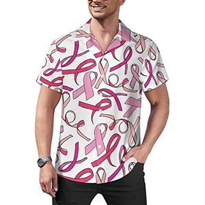 Roze lint borstkanker bewustzijn heren casual button-down shirts korte mouw Cubaanse kraag T-shirts tops Hawaiiaans T-shirt 3XL