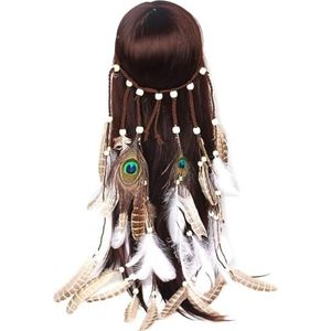 Etnische hoofdtooi - Festival Indiase hoofdband met veren dame decoratieve haarband Wo elegante houten kralen lichtgewicht faux, One Size, Faux veer, geen edelsteen