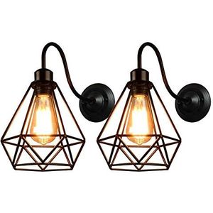 iDEGU Industriële wandlampen, 2 stuks, vintage design, retro lampenkap, hanglamp, kooi van ijzer, zwart, wandlamp E27, binnenverlichting (# kooi A 20 cm)