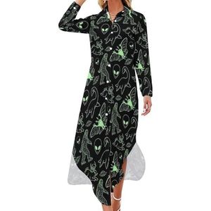 Green Lines Cryptid patroon dames maxi-jurk lange mouwen knopen overhemd jurk casual feest lange jurken M