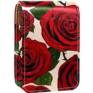 Lippenstift Hoesje met Spiegel Retro Liefde Rood Rose Bloem Patroon Lip Gloss Houder Draagbare Lippenstift Opbergdoos Reizen Make-up Tas Mini Lederen Cosmetische Pouch Houdt 3 Lippenstift