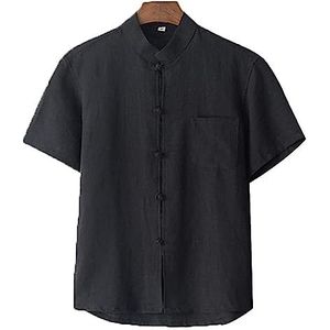 Zomer Katoen Linnen Tai Chi Uniform Korte Mouwen Chinese Traditionele Kleding, Grote SizeTang Pak Hanfu Jassen Vechtsport(Black,XXL)