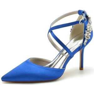 JOEupin Dames satijnen bruidspompen voor bruid strass strappy cross strap bruids pumps avond prom party schoenen, Royal Blauw, 39 EU