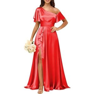 KURFACE Satijnen bruidsmeisjesjurken met mouwen geplooid korset galajurk met split lange formele avondjurk voor dames, Rood, 32