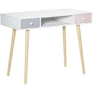 HOMCOM Kinderbureau Scandinavische stijl met lade en opbergvak, 100 x 48 x 76,5 cm MDF en grenen wit/grijs en roze