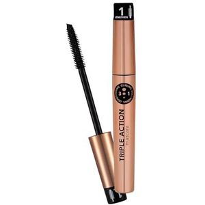 Flormar Triple Action Mascara met siliconen borsteltje – 3-in-1 voor volume, lengte en verzorging, zwarte niet-klonterende mascara met arganolie
