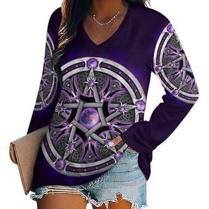 Paarse Wicca Wiccan Dames V-hals Shirt Lange Mouw Tops Casual Loose Fit Blouses