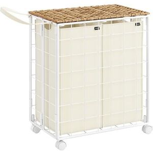 SONGMICS Laundry Basket 110 L, Laundry Bag with Wheels, Laundry Bag Removable, 2 Inner Pockets, Laundry Trolley with Lid, 57 x 33 x 65 cm, for Laundry Room, Natural Beige-Cream White LCB211N01