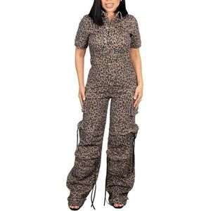 LoprNsdgt Fashion Cargo Jumpsuit Voor Vrouwen Luipaard Print Revers Knopen Baggy Rompers Met Zakken,Bruin,L