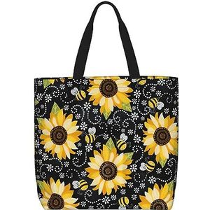 Paarse Bloem Print Tote Bag Voor Vrouwen, Casual Rits Tote Mode Schouder Handtas Hobo Tas Met Zakken, Zonnebloem Bee, Eén maat