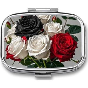 Draagbare medicijndoos voor op reis, reisjuwelendoos, dagelijks schattig zwart wit en rode rozen, bedrukte rechthoekige pillendooshoes, geschikt voor tablet-pillencapsule, snoepjes, sieraden,