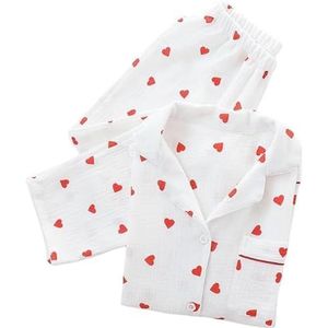 Revers Pyjama Set Voor Dames, Perzik Hart Patroon Twosie Pyjama Set Casual Katoen Lange Mouwen Tops Broek Zacht Nachtkleding Loungewear Lente Herfst Winter,Wit,L