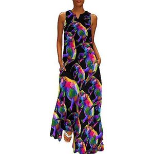 Kleurrijke wandelende olifant dames enkellengte jurk slim fit mouwloze maxi-jurken casual zonnejurk XL