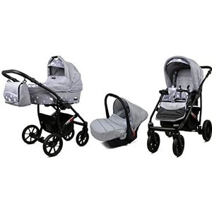 BabyLux Largo 3 in 1 Baby Reis Systeem Kinderwagen Autostoel Afneembare Regenhoes Voetenzak Dragende Wielen Pasgeborene tot Baby Silver Hearts Black Frame