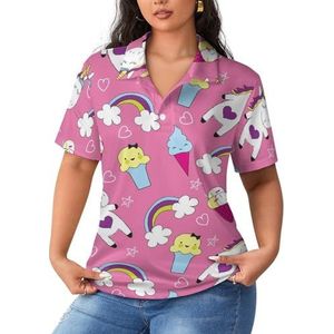 Eenhoorn Ice Cream Rainbow Dames Poloshirts met korte mouwen Casual T-shirts met kraag Golf Shirts Sport Blouses Tops 4XL