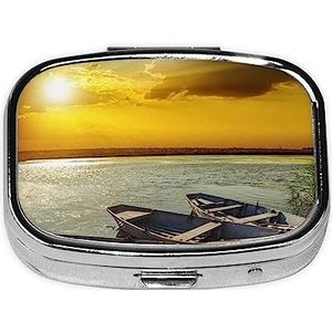 Rivier Zonsondergang Houten Boot Gedrukt Pil Doos 2 Compartiment Geneeskunde Pil Organizer Draagbare Kleine Pil Case voor Pocket Of Portemonnee Pil Doos