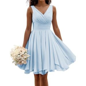 Korte bruidsmeisjes jurken voor vrouwen mouwloze geplooide chiffon V-hals A-lijn formele jurken avondjurken, Lichtblauw, 54