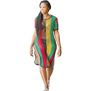 Clossy London 100% katoenen dames rasta Jamaicaanse Work Work string gaasstoffen visnet jurk, spleet doorzichtbare meerkleurige, zwarte, rode, groene gele hip hop danceclub jurk, S-M