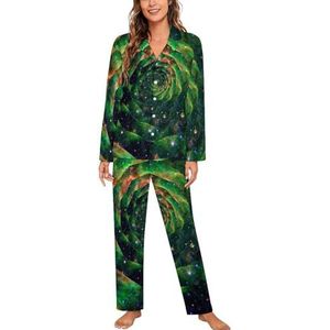 Trippy Groene Roos Vrouwen Lange Mouw Button Down Nachtkleding Zachte Nachtkleding Lounge Pyjama Set M