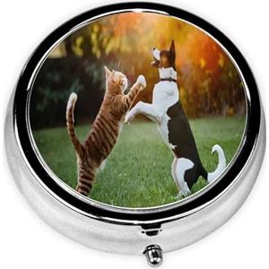 Stijlvolle ronde pillendoos mooie honden metalen pillendoos 3 compartimenten medicijnpillenhouder draagbare pillenorganizer doseerdoos, kleine pillendoos voor reizen voor portemonnee en zak