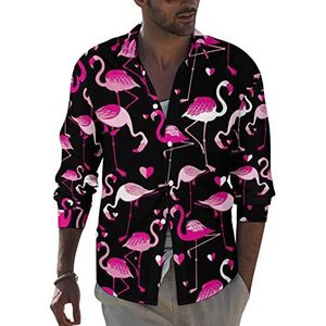 Roze flamingo's heren revers lange mouw overhemd button down print blouse zomer zak T-shirts tops 2XL