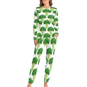Groene broccoli zachte damespyjama met lange mouwen, warme pasvorm, loungewear sets met zakken, 5XL