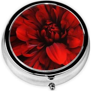 Ronde pillenetui voor portemonnee of zak 2 compartimenten medicijnpillendoos draagbare kleine pillenorganizer rode dahlia bloem op zwarte pillendoos reisgeneeskunde vitamine kabeljauw leverolie