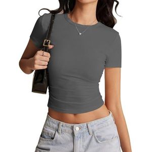 Dames korte mouwen T-shirts ronde hals slim fit tops sexy basic Tee Y2k kleding 2025, donkergrijs, L