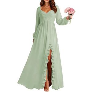 BRIGOW BY034 Damesjurk met lange mouwen, chiffon, bruidsmeisjesjurk, geplooid lijfje, lang, A-lijn, galajurk met split, Sage Groen, 54