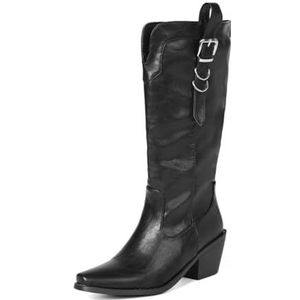 TNMIUH Western kniehoge laarzen voor dames, spitse neus, blokhak, dubbele gesp, casual lange laarzen voor dames, verkrijgbaar in zwart en bruin,zwart,35.5 EU
