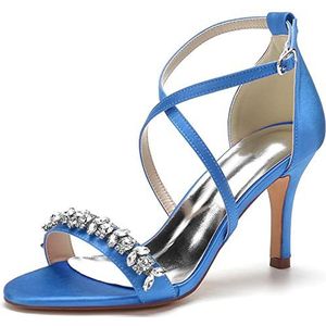 TABKER Sandalen met hak vetersandalen dames zomer avondjurk schoenen bruiloft feest bal hakken kristal trim kruis riem (kleur: blauw, maat: 7,5 UK)